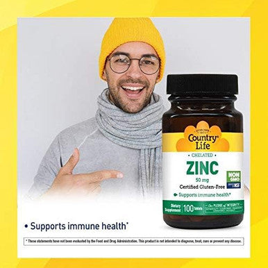 Country Life Chelated Zinc 50 Mg - Certified Gluten-& Vegan Immune Support Supplement, Enhances Zinc Absorption, Supports Body'S Protein Production & Cellular Health, 100 Vegetarian Tablets