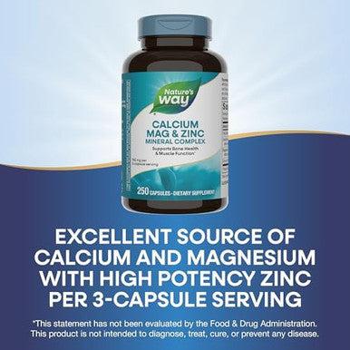 Nature'S Way Calcium-Magnesium-Zinc - Bone Health & Muscle Function - With Calcium Carbonate, Citrate & Malate - Gluten & Dairy - 250 Capsules