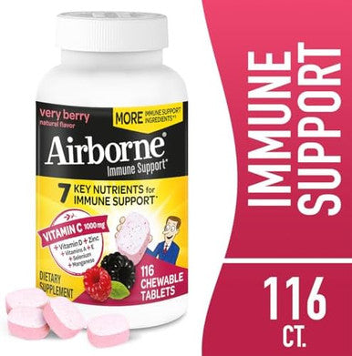 Airborne 1000Mg Vitamin C + Zinc Immune Support Supplement Chewable Tablets Very Berry Flavor With Powerful Antioxidants Vitamins A C & E 116 Chewable Tablets (2 Pack)