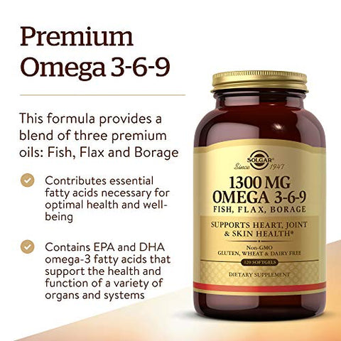 Solgar 1300 Mg Omega 3-6-9 120 Softgels - Fish Oil Supplement - Support For Joint & Skin Health - Includes Flaxseed & Borage - Contains Epa & Dha Omega 3 Fatty Acids 40 Servings