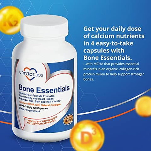 Cardiotabs Bone Essentials With Mcha & Collagen Calcium Supplement W/Calcium Hydroxyapatite For High Absorption Bone Density And Heart Supplement W/Vitamins Minerals & Proteins 120 Capsules