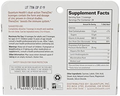 Quantum Health TheraZinc Lemon Lozenges Made with Zinc Gluconate for Immune Support 24 Count