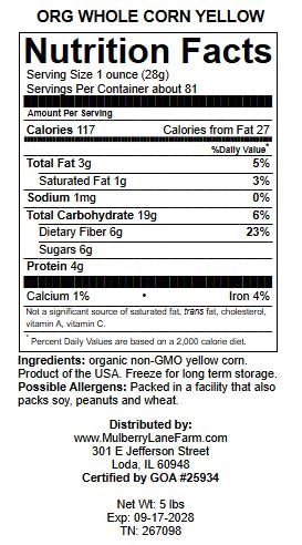 Whole Yellow Corn 5 Pounds, USDA Certified Organic, Non-GMO, Product of USA, Mulberry Lane Farms