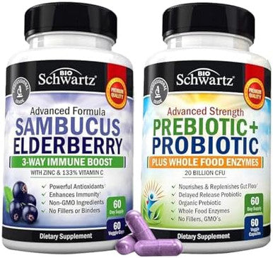 Advanced Strength Pre And Probiotics Supplement With Digestive Enzymes (2 Month Supply) Plus Elderberry With Zinc And Vitamin C For Adults Immune Support (2 Month Supply)