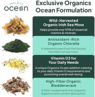 Wild Sea Moss Capsules - 100% Organic Irish Sea Moss With Organic Chlorella, Bladderwrack And Vitamin D For Energy, Lung Health And Thyroid Support For Women And Men - 60 Capsules