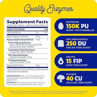 Enzymedica Papaya Complete Daily Digestive Enzymes With Organic Papaya Juice And Chlorophyll Papain Vegan Mint Flavor 240 Chewable Tablets