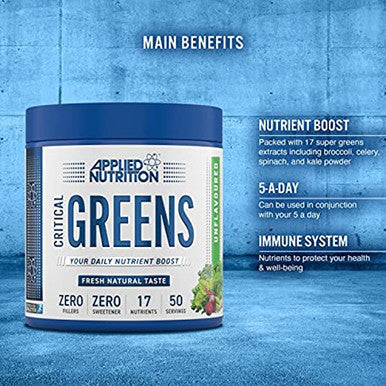 Applied Nutrition Critical Greens Powder - Boost your Immune System with 17 Vital Superfood Nutrients, Zero Fillers, Fresh Natural Super Greens Taste, Vegan Friendly 250g - 50 Servings