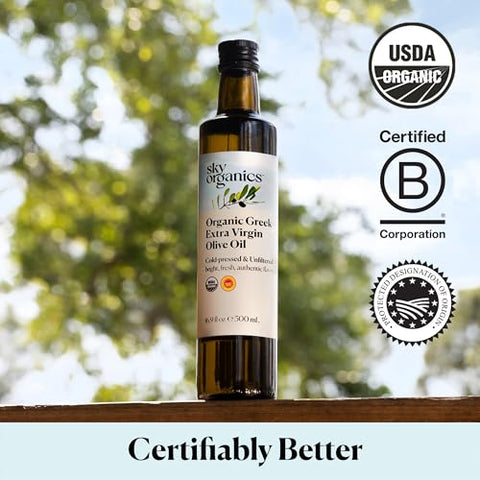 Sky Organics - Organic Extra Virgin Olive Oil, 16.9 fl oz - Cold Pressed & Unfiltered - Bright, Fresh, Authentic Flavor - Sourced from Farmers in Greece - 100% Pure - Kosher - Natural, Vegan, & Soy Free