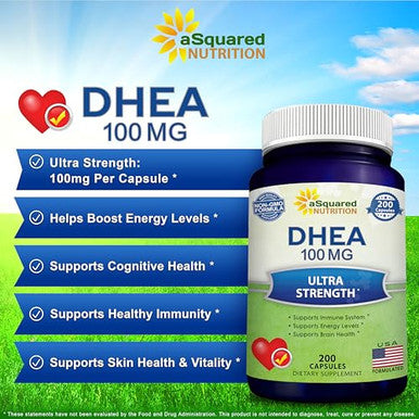 DHEA (100mg Max Strength, 200 Capsules) to Promote Balanced Hormone Levels for Women & Men - DHEA Supplement Pills to Support Healthy Metabolism, Libio, Brain, Immune Function & Pure Energy