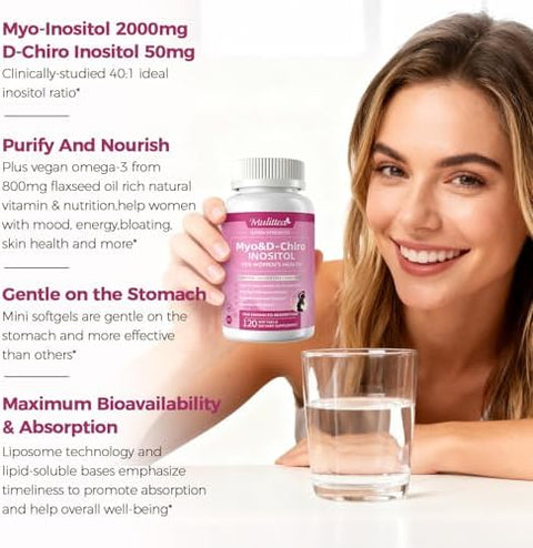 Mulittea Liposomal MyoInositol and DChiro Inositol Supplement for Women 40: 1 Ratio Plus Omega3 Hormone Balance Support Ovarian Help Menstrual Cycles and Mood Vegan 120 Softgels