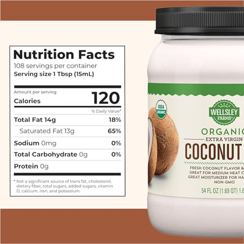 Wellsley Farms Organic Extra Virgin Coconut Oil - Unrefined, 100% Pure & Natural - Vegan, Non-GMO, Gluten-Free and Keto-Friendly Cooking Coconut Oil - Ideal for Skin Care & Hair Care - 54 oz (1 Pack)