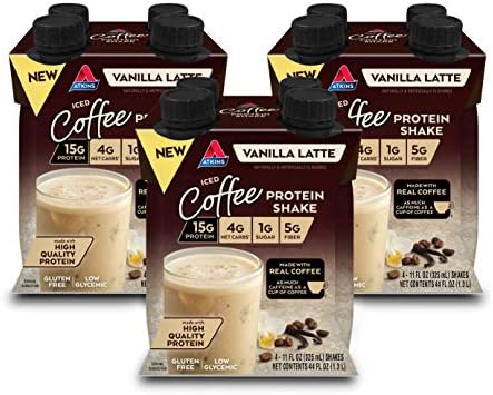 Atkins Iced Coffee Vanilla Latte Protein Shake 15G Protein & Strawberry Protein Shake 15G Protein Low Glycemic 2G Net Carb 1G Sugar Keto Friendly 12 Count