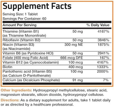 Bronson Super B Vitamin B Complex Sustained Slow Release (Vitamin B1, B2, B3, B6, B9 - Folic Acid, B12) Contains All B Vitamins 60 Tablets
