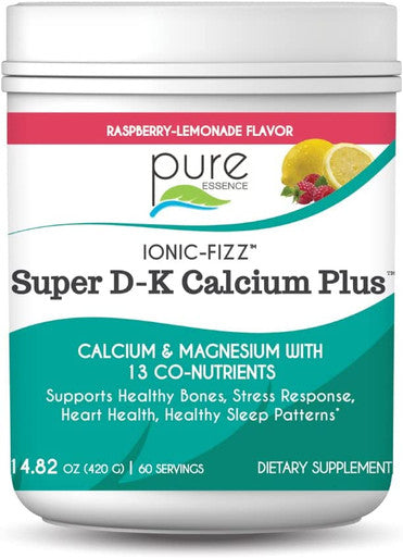 Ionic Fizz Super D-K Calcium Plus by Pure Essence - with Extra Magnesium, Vitamin D3, Vitamin K2 for Strong Bones and Stress Support - Raspberry Lemonade - 14.82oz