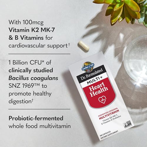 Garden Of Life Dr. Formulated Multi Heart Health - Fermented Liposomal Multivitamin Vitamin K2 Mk-7 B Vitamins & Probiotics - One A Day For Cardiovascular & Blood Vessel Function 30 Capsules