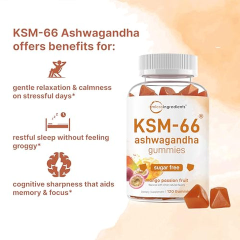 Micro Ingredients Ksm-66 Ashwagandha Gummies 120 Count Sugar Free Mango Passion Fruit Flavor Potent Root Extract Stress Relaxation & Sleep Support Non-Gmo