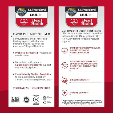Garden Of Life Dr. Formulated Multi+ Heart Health Fermented Liposomal Multivitamin + Vitamin K2 Mk7 B Vitamins and Probiotics One A Day For Cardiovascular and Blood Vessel Function 30 Capsules