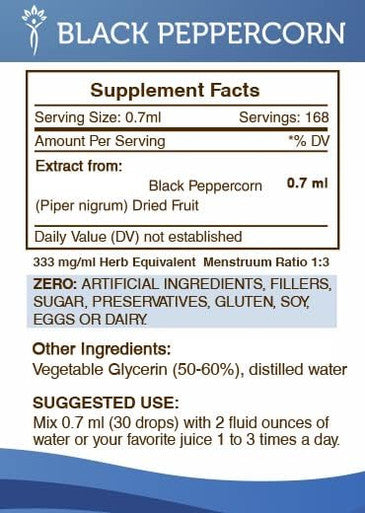 Secrets of the Tribe Black Peppercorn Tincture Alcohol-Free Liquid Extract, Black Peppercorn (Piper nigrum) Dried Fruit (4 FL OZ)
