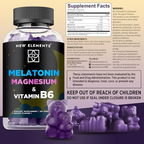 Elements Melatonin Gummies 10Mg With Magnesium Glycinate & Vitamin B6 Sleep Support Relaxation & Stress Relief Non-Gmo Gluten- Great-Tasting Natural Grape Flavor