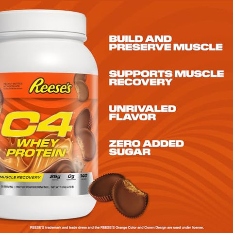 C4 Whey Protein Powder Reese'S Peanut Butter & Chocolate - 25G Protein 0G Added Sugar 140 Calories Per Serving Supports Muscle Recovery 28 Servings Premium Whey For Post-Workout