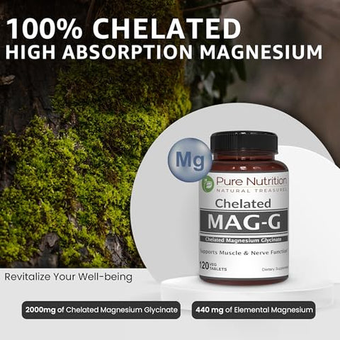 Pure Nutrition Magg - Chelated Magnesium Glycinate Supplement 120 Tabs 440Mg Elemental Magnesium High Absorption Magnesium Supplement To Support Overall Well Being