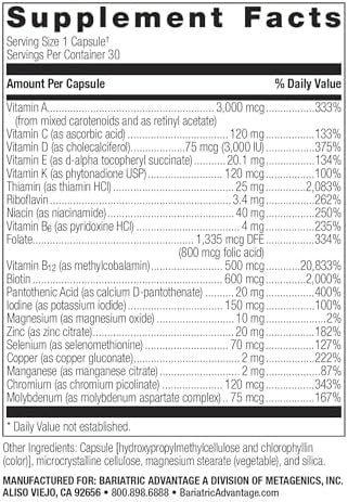 Bariatric Advantage Ultra Solo Without Iron Onceperday Daily Multivitamin For Bariatric Patients With Thiamin Vitamin A & More Gluten 90 Capsules