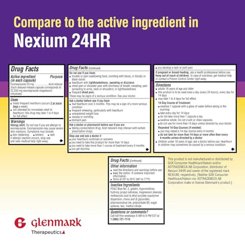 Glenmark Therapeutics Esomeprazole Magnesium Usp 20Mg Delayed Release Capsules Treats Frequent Heartburn 42 Capsules