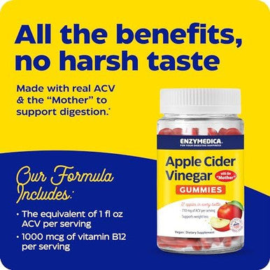 Enzymedica Apple Cider Vinegar Gummies Made With The Mother 12 Organic Usagrown Apples Per Bottle[C][D] 1000 Mcg Vitamin B12 Per Serving Natural Apple 74 Count