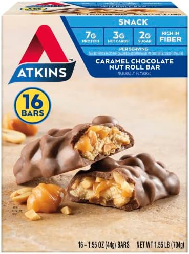 Atkins Chocolate Peanut Butter Protein Meal Bar High Fiber 16G Protein 2G Sugar & Caramel Chocolate Nut Roll Snack Bar Protein Snack High In Fiber 2G Sugar 16 Count