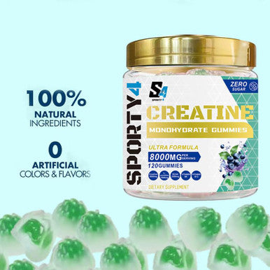 Sporty4 CREATINE Gummies Ultra + BCAA 8000mg | 120 Gummies of Creatine Monohydrate | BCAA | L Carnitine | Vitamin B6 and B12. Pre Workout Muscle Recovery Supplement for Men and Women Blueberry Flavour.