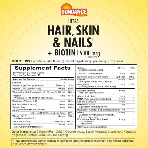 Sundance Hair Skin & Nails Vitamins 5000Mcg 60 Coated Caplets With Biotin And Collagen Nongmo & Gluten Supplement