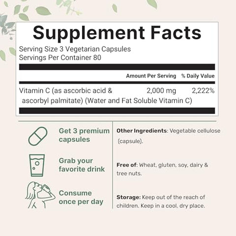 Micro Ingredients Pure Vitamin C 2000Mg 240 Veggie Capsules Highly Bioavailable Fat & Water Soluble Forms Max Potency Antioxidant & Immune Support Supplement Easily Absorbed Non-Gmo Filler Free
