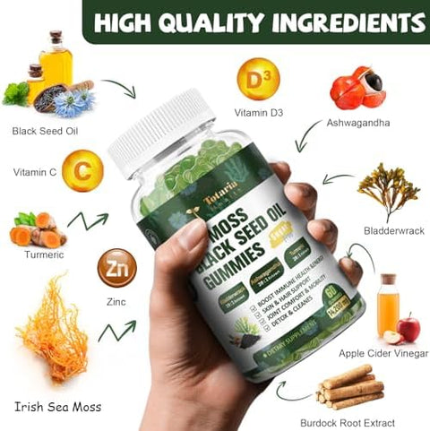 11in1 Sugar Free Sea Moss Gummies with Black Seed Oil Ashwagandha Ginger True Irish Seamoss Advanced and Burdock Root Turmeric Bladderwrack Support Immune Gut Youthful Digestion