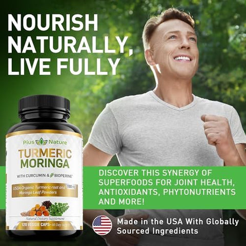 Pius Nature Turmeric Moringa Organic Turmeric Curcumin Supplements And Organic Moringa Powder 120 Veggie Capsules Supplement For Women And Men