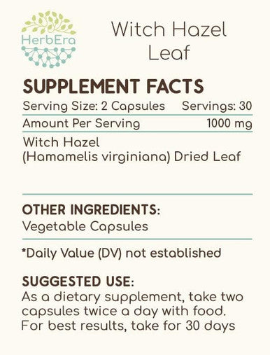 HerbEra Witch Hazel Leaf 60 Capsules, 500 mg, Witch Hazel Leaf (Hamamelis virginiana) Dried Leaf (60 Capsules)