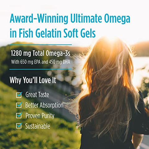 Nordic Naturals Ultimate Omega In Fish Gelatin Lemon Flavor - 60 Soft Gels - 1280 Mg Omega-3 - High-Potency Fish Oil Supplement - Epa & Dha - Promotes Brain & Heart Health - Non-Gmo 30 Servings