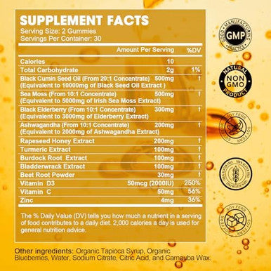 Black Seed Oil & Sea Moss Gummies, Organic Irish Sea Moss Gummies With Ashwagandha, Black Seed Oil, Elderberry, Turmeric, Vitamin D3/C And Zinc - Immune Support, Joints, Digestion, Hair & Skin