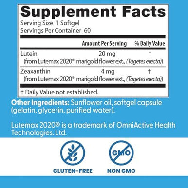 Doctor'S Best Lutein Featuring Lutemax Nongmo Gluten Eye Health 20 Mg 60 Softgels