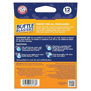 Arm & Hammer Bottle Blasterz - Drop-In Cleaning Tablets - Perfect For Water Bottles Tumblers And Coolers - All-Natural Ingredients Eliminates Odors Fast-Acting Individually Packed (12 Count)