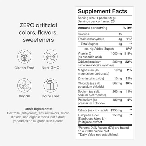 Hydralyte Electrolytes Plus Immunity Elderberry - Low Sugar Rapid Rehydration Powder - Lightly Sparkling Electrolyte Powder Packets With 1000Mg Vitamin C And 300 Mg Elderberry (8Oz Serve 20 Count)