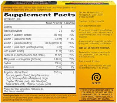 Airborne 1000Mg Vitamin C With Vitamin D + Zinc Sugar Multivitamin Immune Support Effervescent Fizzy Drink Tablets Very Berry Flavor With Powerful Antioxidants Vit A C & E 30 Tablets (2 Pack)