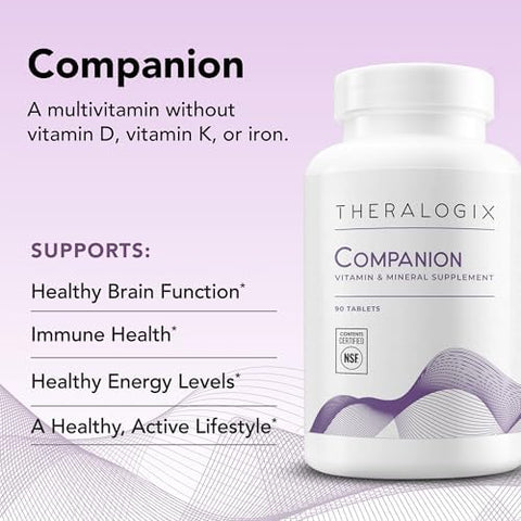 Theralogix Companion Multivitamin and Mineral Supplement 90Day Supply Supplement for Women and Men Without Iron Vitamin D or Vitamin K B Vitamins Zinc and Magnesium NSF Certified 90 Tablets