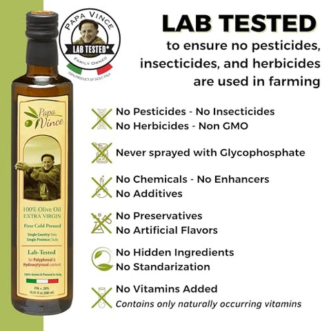 Papa Vince Olive Oil Extra Virgin - First Cold Press Family Harvest 2024/25, Polyphenol Rich, Subtle Peppery Finish, Unrefined, High in Monounsaturated Fat, No Pesticides, No GMO, Sicily, Italy