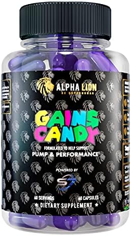 Alpha Lion Gains Candy Supplement Pills For Muscle Pump & Blood Flow Nitric Oxide Booster Supports Mental Focus Use Daily To Workout Performance 63 Capsules (Nitrosigine)