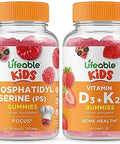 Lifeable Phosphatidylserine (Ps) Kids + Vitamin D3 + Vitamin K2 Kids Gummies Bundle Great Tasting Vitamin Supplement Gluten Gmo Chewable Gummy