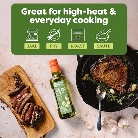 BetterBody Foods Refined Avocado Olive Oil 50/50 Blend, Non-GMO Cooking Oil, Gluten Free, Kosher, Frying, Baking, 500 mL, 16.9 Fl Oz