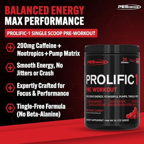 Pescience Prolific-1 Pre Workout Powder For Men & Women With L-Citrulline Nitric Oxide Booster Energy Powder & Nootropic For Focus â€“ Preworkout Without Beta Alanine â€“ 25 Scoops Red Razz Candy
