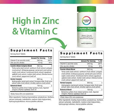 Rainbow Light Counter Attack Immune Support, Dietary Supplement Provides Immune Support, With Vitamin C, Zinc And 3 Targeted Herbal Blends, Vegan And Gluten Free, 90 Count