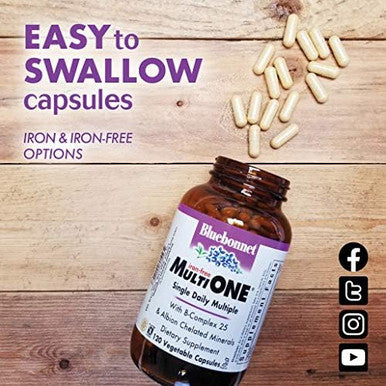 Bluebonnet Nutrition Multi One (Iron ) Vegetable Capsules Complete Full Spectrum Multiple B Vitamins General Health Gluten Milk Kosher 120 Count