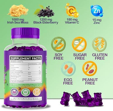 Sea Moss Gummies & Elderberry - Vitamin C + Zinc ÃƒÂ¢Ã¢â€šÂ¬Ã¢â‚¬Å“ Extra Strength Immune & Thyroid Support Booster Gummy Bears For Kids & Adults - 60 Seamoss Gummies - Made In The Usa